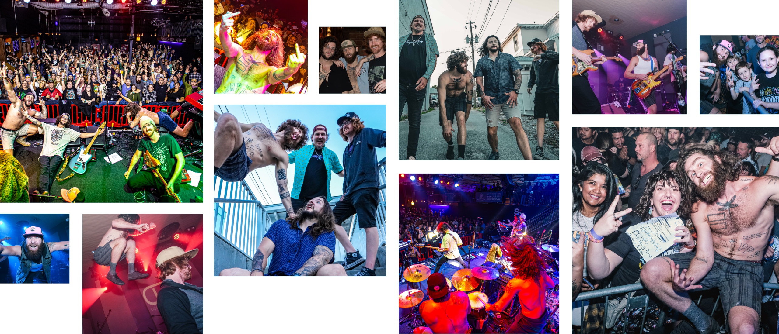 A collage of DZD performances, fans, and the band's antics.